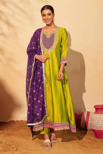 Women's Gorgeous Embroidery Work Vichitra Silk Fabric Flared Anarkali Pant and Dupatta Set