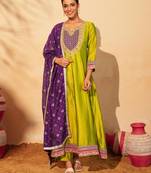 Women's Gorgeous Embroidery Work Vichitra Silk Fabric Flared Anarkali Pant and Dupatta Set