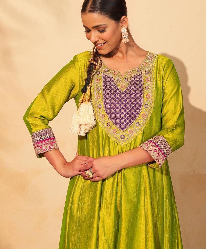 Women's Gorgeous Embroidery Work Vichitra Silk Fabric Flared Anarkali Pant and Dupatta Set