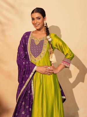 Women's Gorgeous Embroidery Work Vichitra Silk Fabric Flared Anarkali Pant and Dupatta Set 3