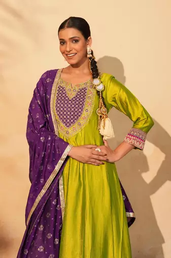Women's Gorgeous Embroidery Work Vichitra Silk Fabric Flared Anarkali Pant and Dupatta Set