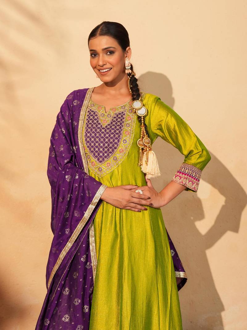 Women's Gorgeous Embroidery Work Vichitra Silk Fabric Flared Anarkali Pant and Dupatta Set