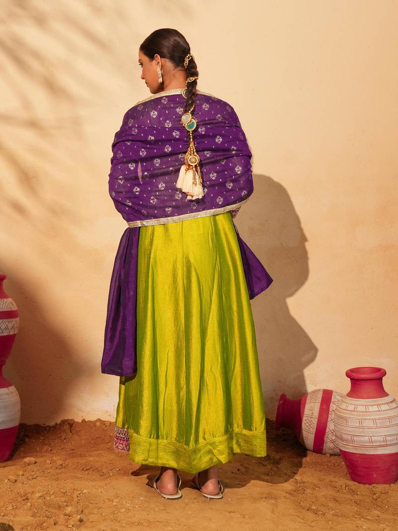 Women's Gorgeous Embroidery Work Vichitra Silk Fabric Flared Anarkali Pant and Dupatta Set