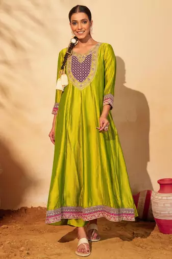 Women's Gorgeous Embroidery Work Vichitra Silk Fabric Flared Anarkali Pant and Dupatta Set
