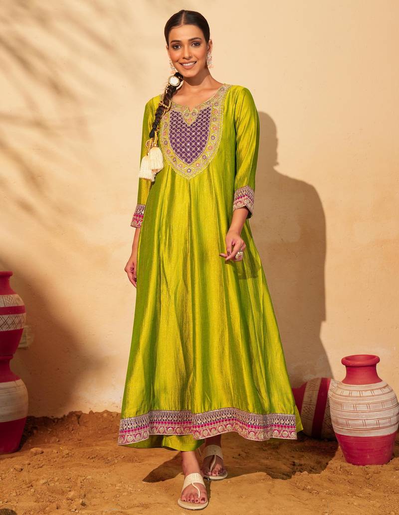 Women's Gorgeous Embroidery Work Vichitra Silk Fabric Flared Anarkali Pant and Dupatta Set