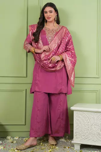 Women's Gorgeous Embroidery Work Sik Fabric Straight Kurta Palazzo and Dupatta Set