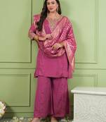 Women's Gorgeous Embroidery Work Sik Fabric Straight Kurta Palazzo and Dupatta Set