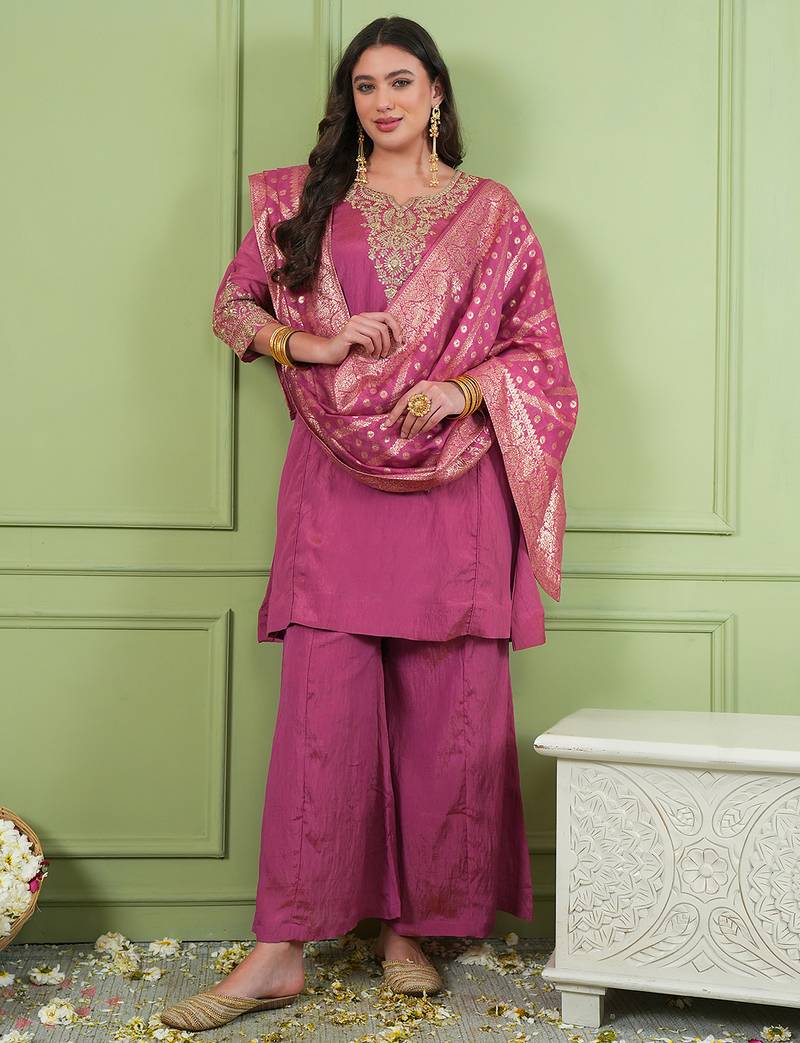 Women's Gorgeous Embroidery Work Sik Fabric Straight Kurta Palazzo and Dupatta Set