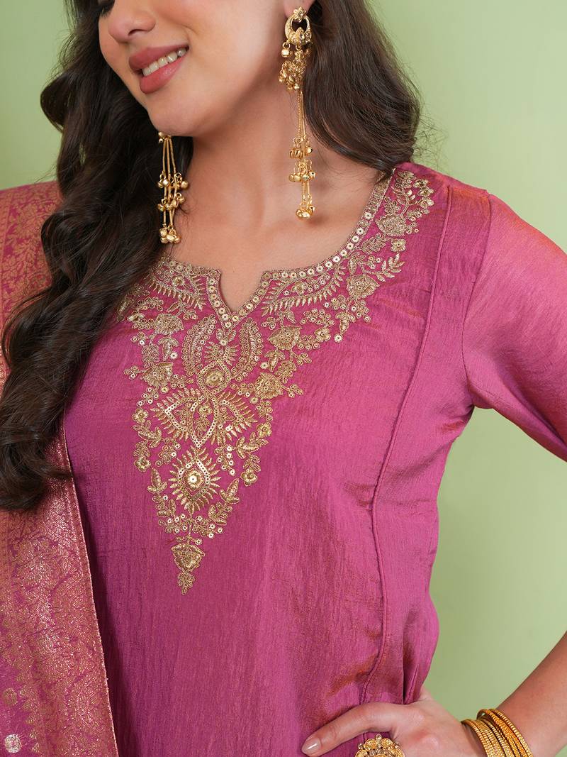 Women's Gorgeous Embroidery Work Sik Fabric Straight Kurta Palazzo and Dupatta Set