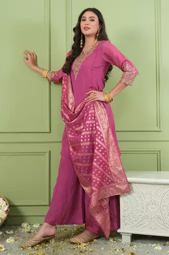 Women's Gorgeous Embroidery Work Sik Fabric Straight Kurta Palazzo and Dupatta Set