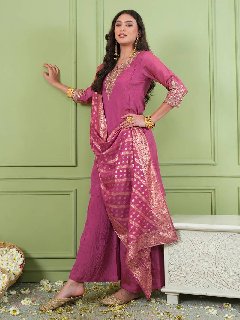 Women's Gorgeous Embroidery Work Sik Fabric Straight Kurta Palazzo and Dupatta Set