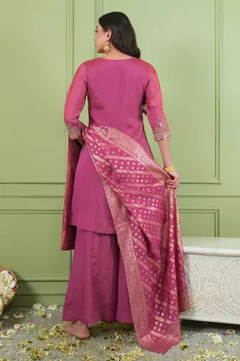 Women's Gorgeous Embroidery Work Sik Fabric Straight Kurta Palazzo and Dupatta Set