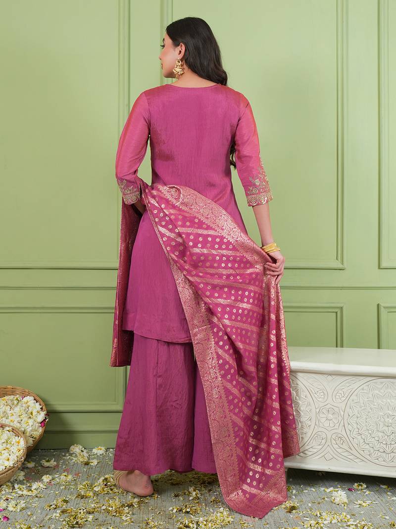 Women's Gorgeous Embroidery Work Sik Fabric Straight Kurta Palazzo and Dupatta Set