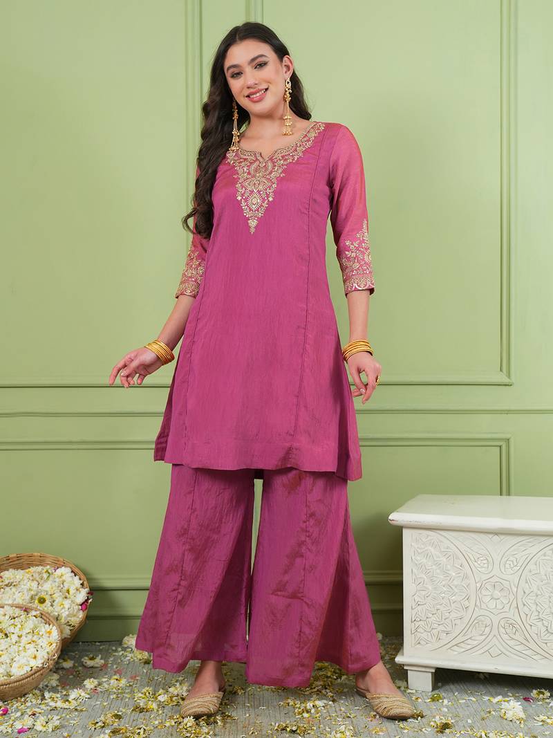 Women's Gorgeous Embroidery Work Sik Fabric Straight Kurta Palazzo and Dupatta Set