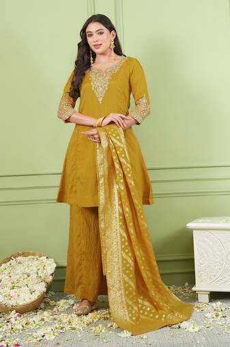 Women's Gorgeous Embroidery Work Sik Fabric Straight Kurta Palazzo and Dupatta Set