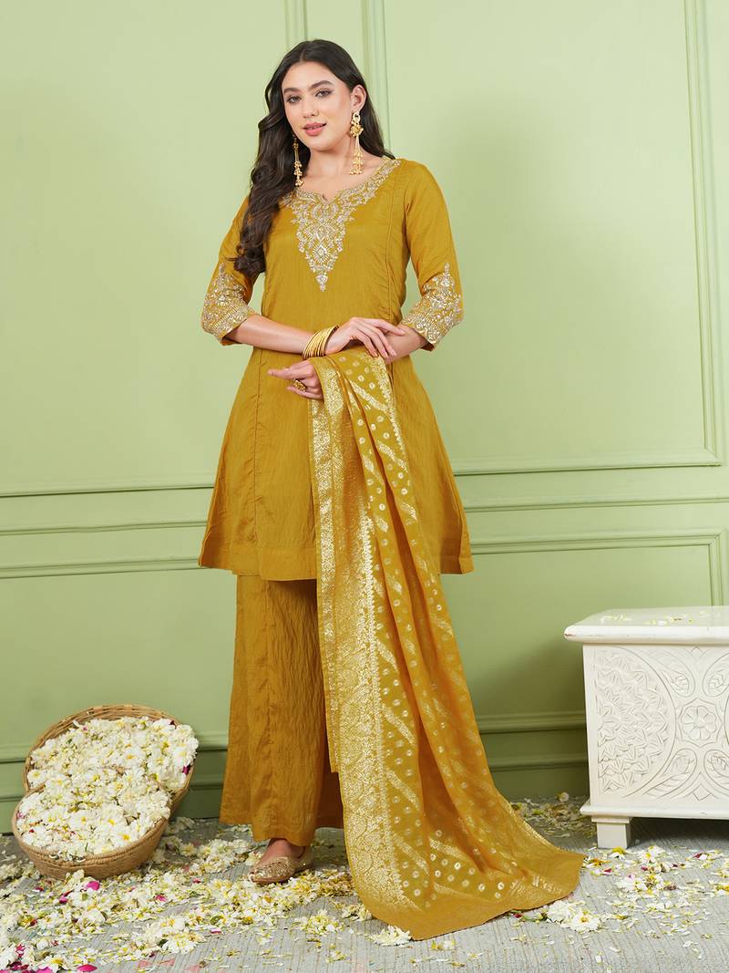 Women's Gorgeous Embroidery Work Sik Fabric Straight Kurta Palazzo and Dupatta Set