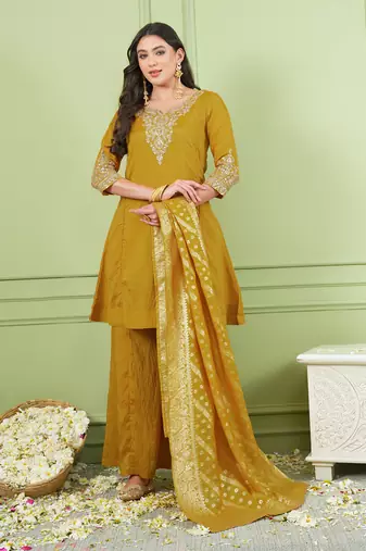 Women's Gorgeous Embroidery Work Sik Fabric Straight Kurta Palazzo and Dupatta Set