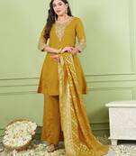 Women's Gorgeous Embroidery Work Sik Fabric Straight Kurta Palazzo and Dupatta Set