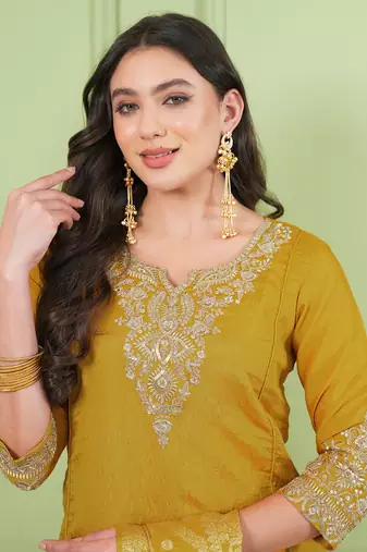 Women's Gorgeous Embroidery Work Sik Fabric Straight Kurta Palazzo and Dupatta Set