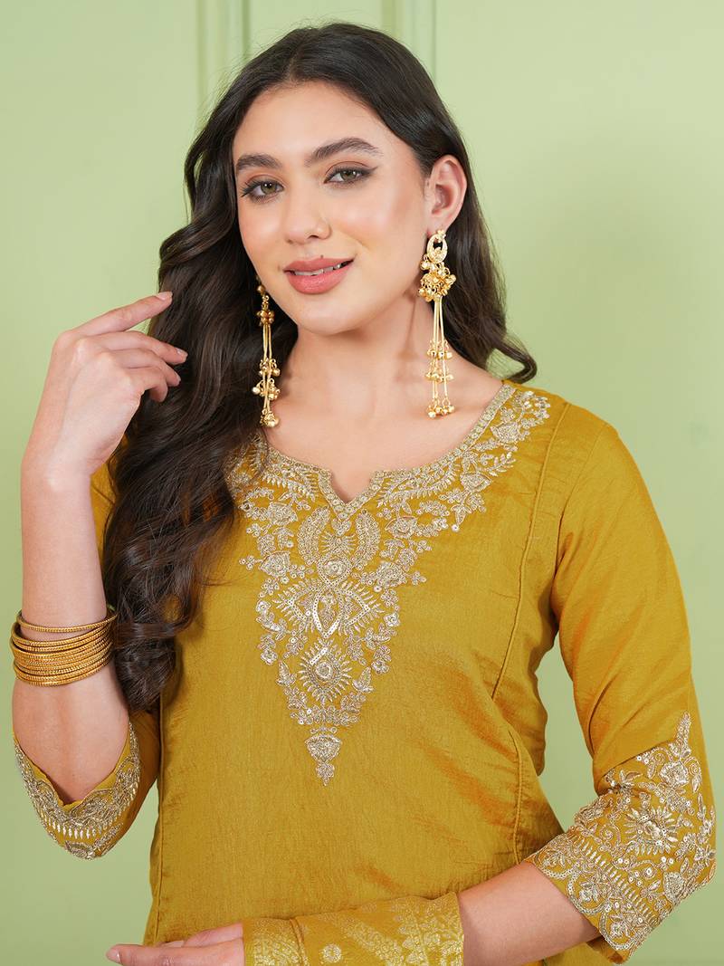 Women's Gorgeous Embroidery Work Sik Fabric Straight Kurta Palazzo and Dupatta Set
