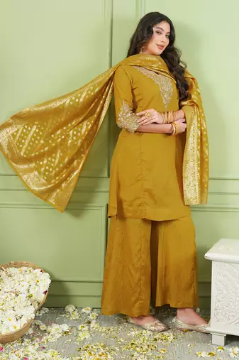 Women's Gorgeous Embroidery Work Sik Fabric Straight Kurta Palazzo and Dupatta Set