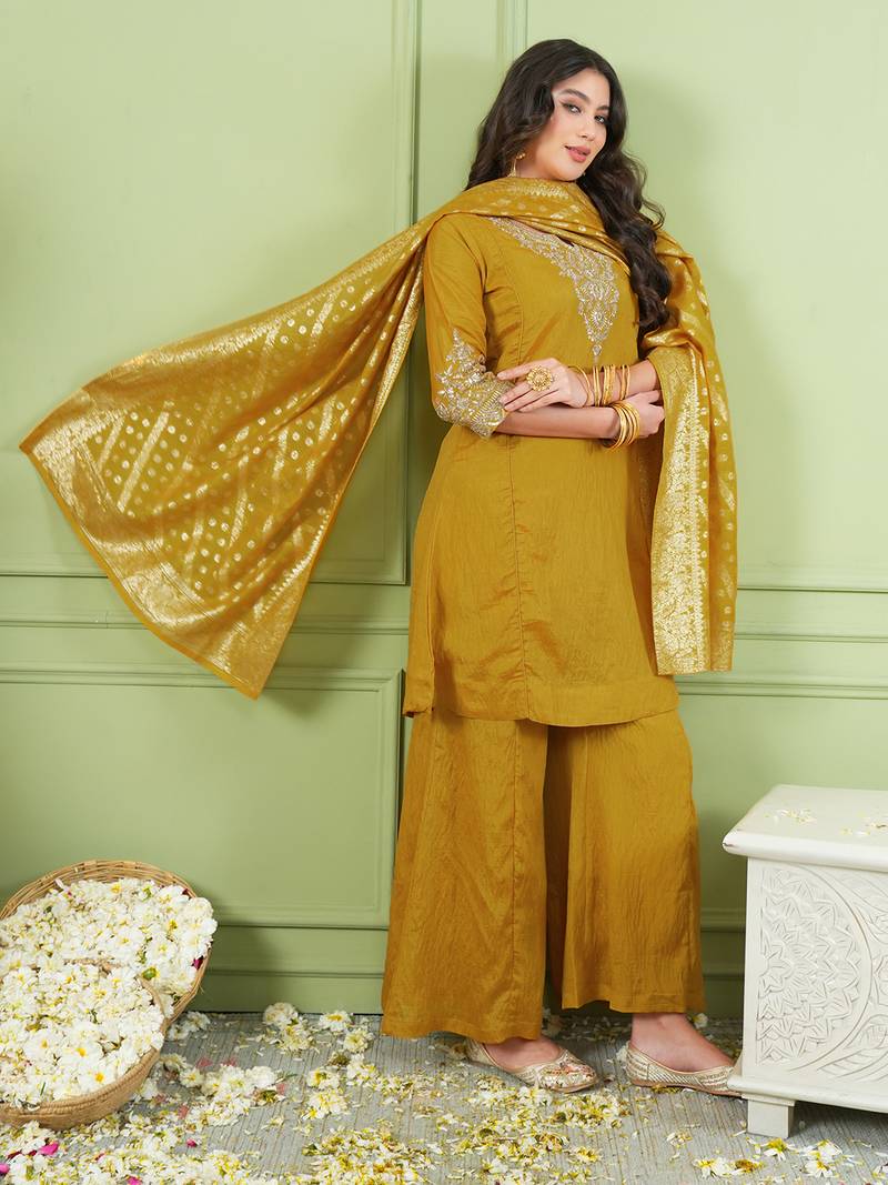 Women's Gorgeous Embroidery Work Sik Fabric Straight Kurta Palazzo and Dupatta Set