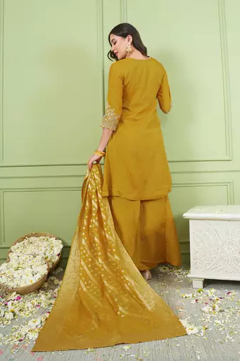Women's Gorgeous Embroidery Work Sik Fabric Straight Kurta Palazzo and Dupatta Set