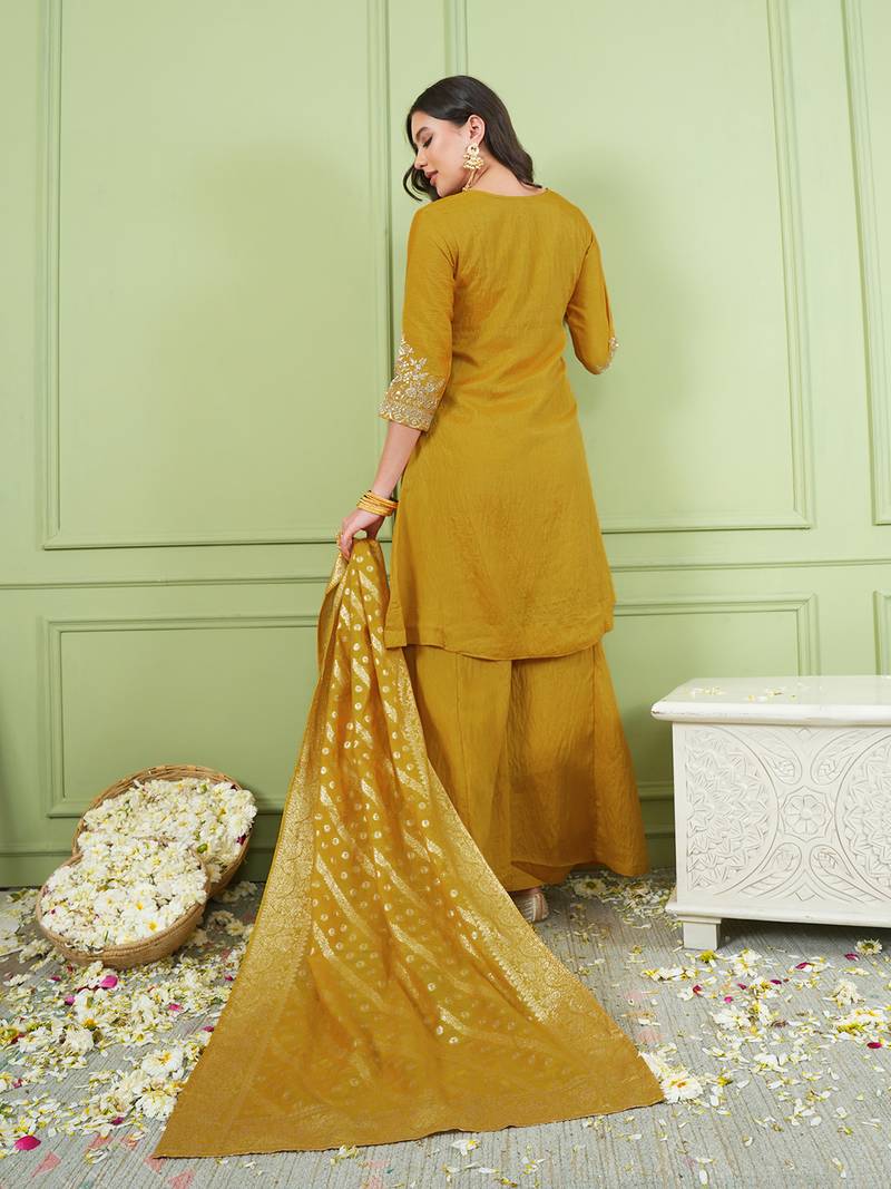 Women's Gorgeous Embroidery Work Sik Fabric Straight Kurta Palazzo and Dupatta Set
