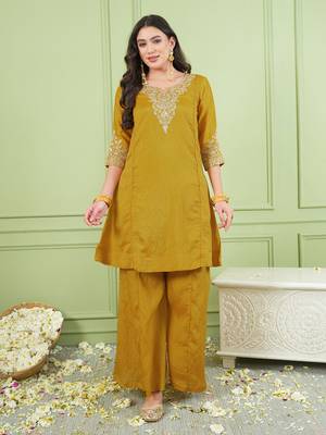 Women's Gorgeous Embroidery Work Sik Fabric Straight Kurta Palazzo and Dupatta Set 5