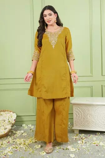 Women's Gorgeous Embroidery Work Sik Fabric Straight Kurta Palazzo and Dupatta Set