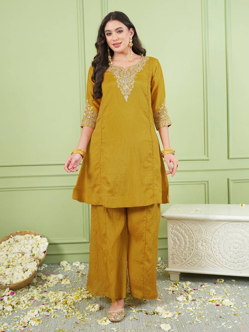 Women's Gorgeous Embroidery Work Sik Fabric Straight Kurta Palazzo and Dupatta Set