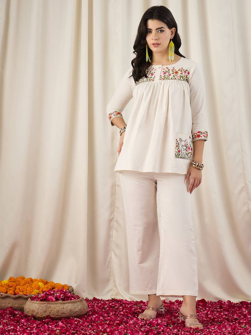 Women's Gorgeous Thread Work Cotton Fabric Straight Kurta Pant Set