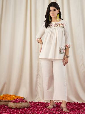 Women's Gorgeous Thread Work Cotton Fabric Straight Kurta Pant Set 1