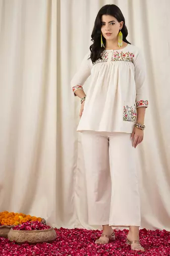 Women's Gorgeous Thread Work Cotton Fabric Straight Kurta Pant Set
