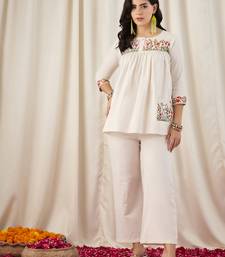 Women's Gorgeous Thread Work Cotton Fabric Straight Kurta Pant Set