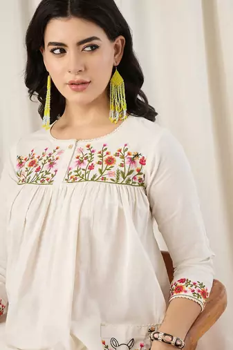Women's Gorgeous Thread Work Cotton Fabric Straight Kurta Pant Set