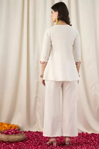 Women's Gorgeous Thread Work Cotton Fabric Straight Kurta Pant Set
