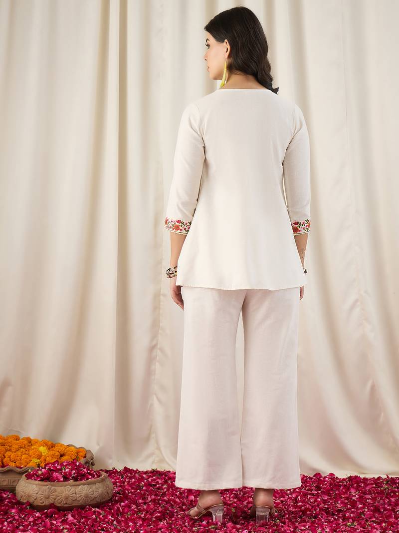 Women's Gorgeous Thread Work Cotton Fabric Straight Kurta Pant Set