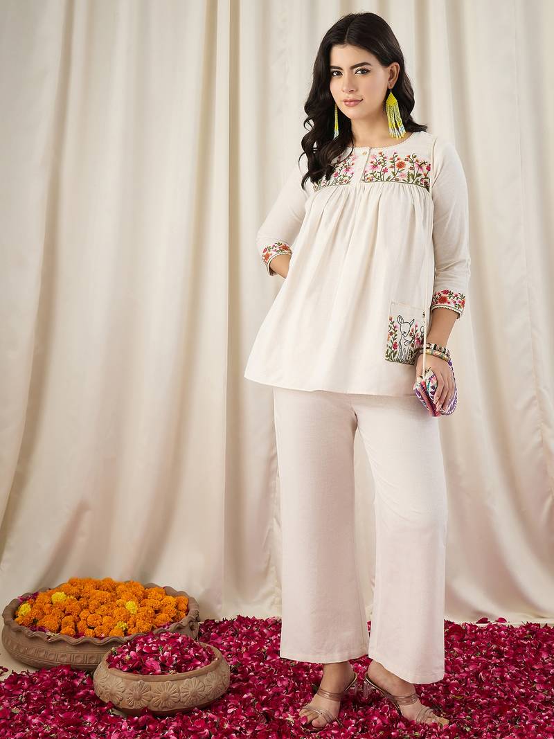 Women's Gorgeous Thread Work Cotton Fabric Straight Kurta Pant Set