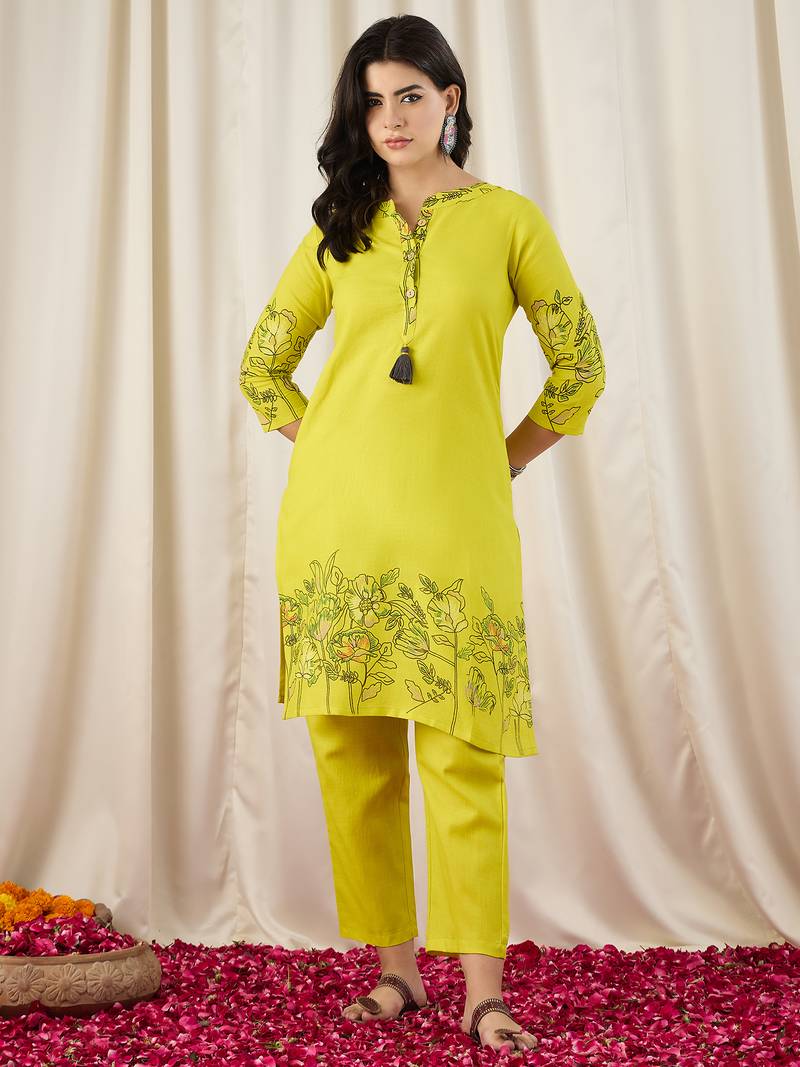 Women's Gorgeous Printed Work Cotton Fabric Straight Kurta Pant Set