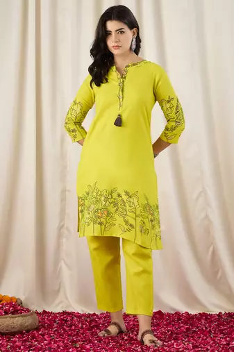 Women's Gorgeous Printed Work Cotton Fabric Straight Kurta Pant Set