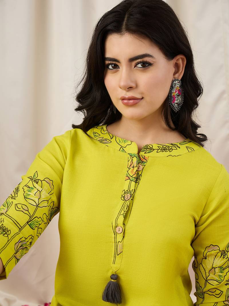 Women's Gorgeous Printed Work Cotton Fabric Straight Kurta Pant Set