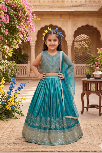 Designer chinon silk embroidered work wedding lehenga choli for kids