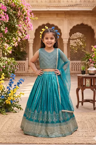 Designer chinon silk embroidered work wedding lehenga choli for kids