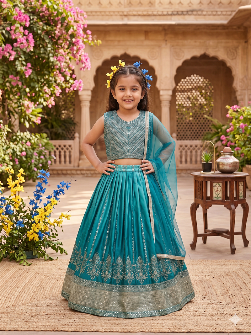Designer chinon silk embroidered work wedding lehenga choli for kids