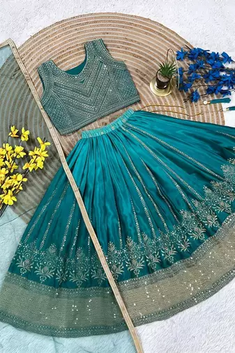 Designer chinon silk embroidered work wedding lehenga choli for kids