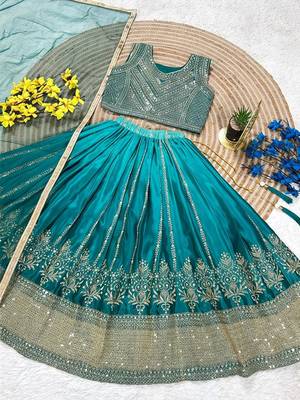 Designer chinon silk embroidered work wedding lehenga choli for kids 3