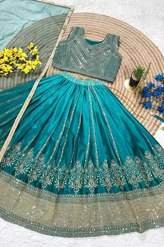 Designer chinon silk embroidered work wedding lehenga choli for kids