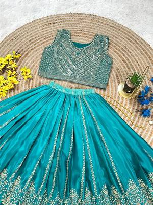 Designer chinon silk embroidered work wedding lehenga choli for kids 4