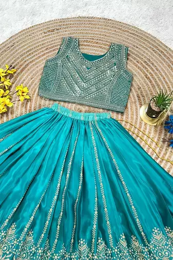 Designer chinon silk embroidered work wedding lehenga choli for kids